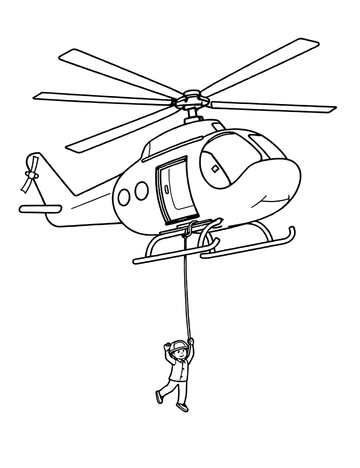 A person is being lowered from helicopter coloring page